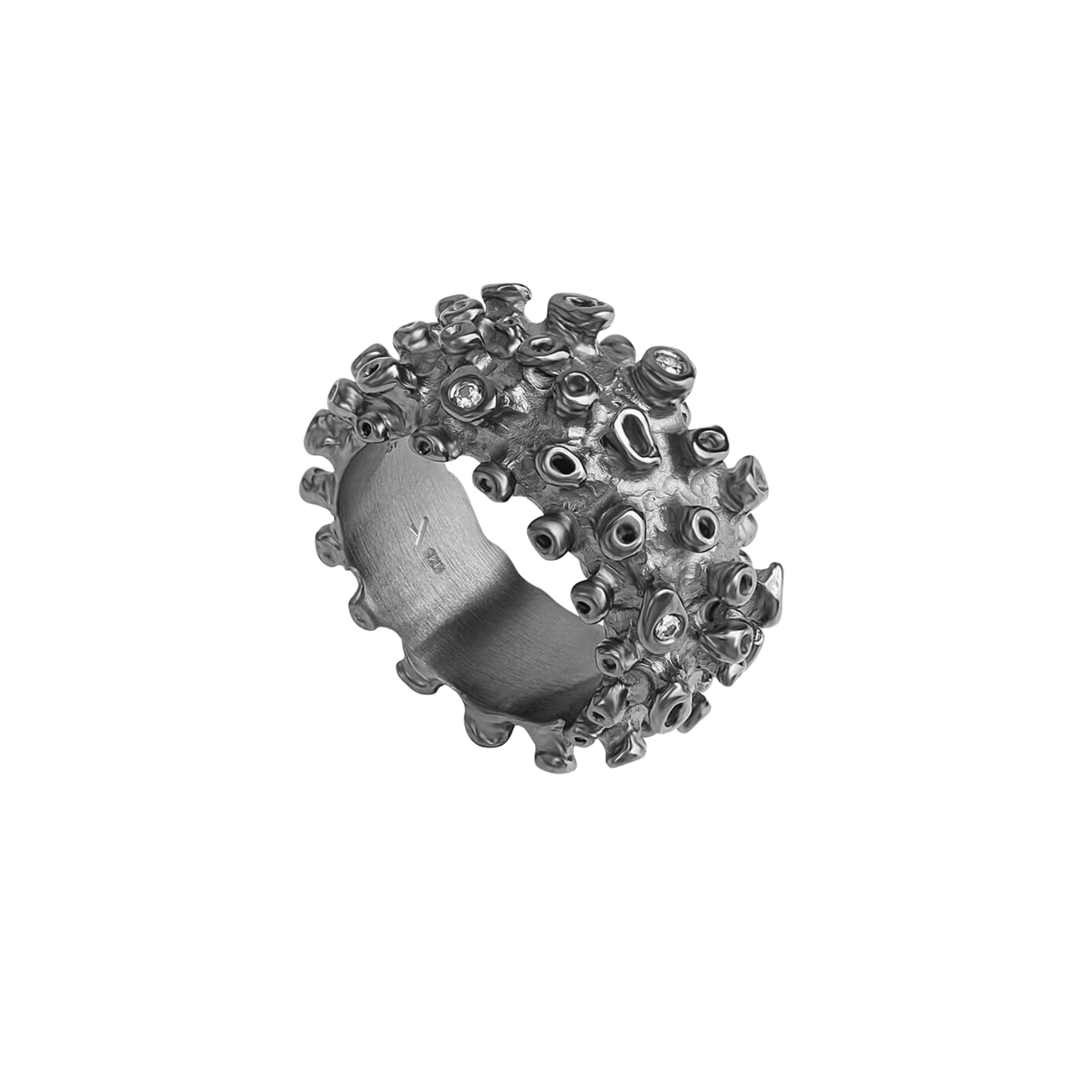 CORAL Bold Diamantring aus schwarz rhodiniertem 925er Sterlingsilber mit drei Brillanten, ca. 0,06 ct. Skulpturale Form, handgefertigt in Deutschland.