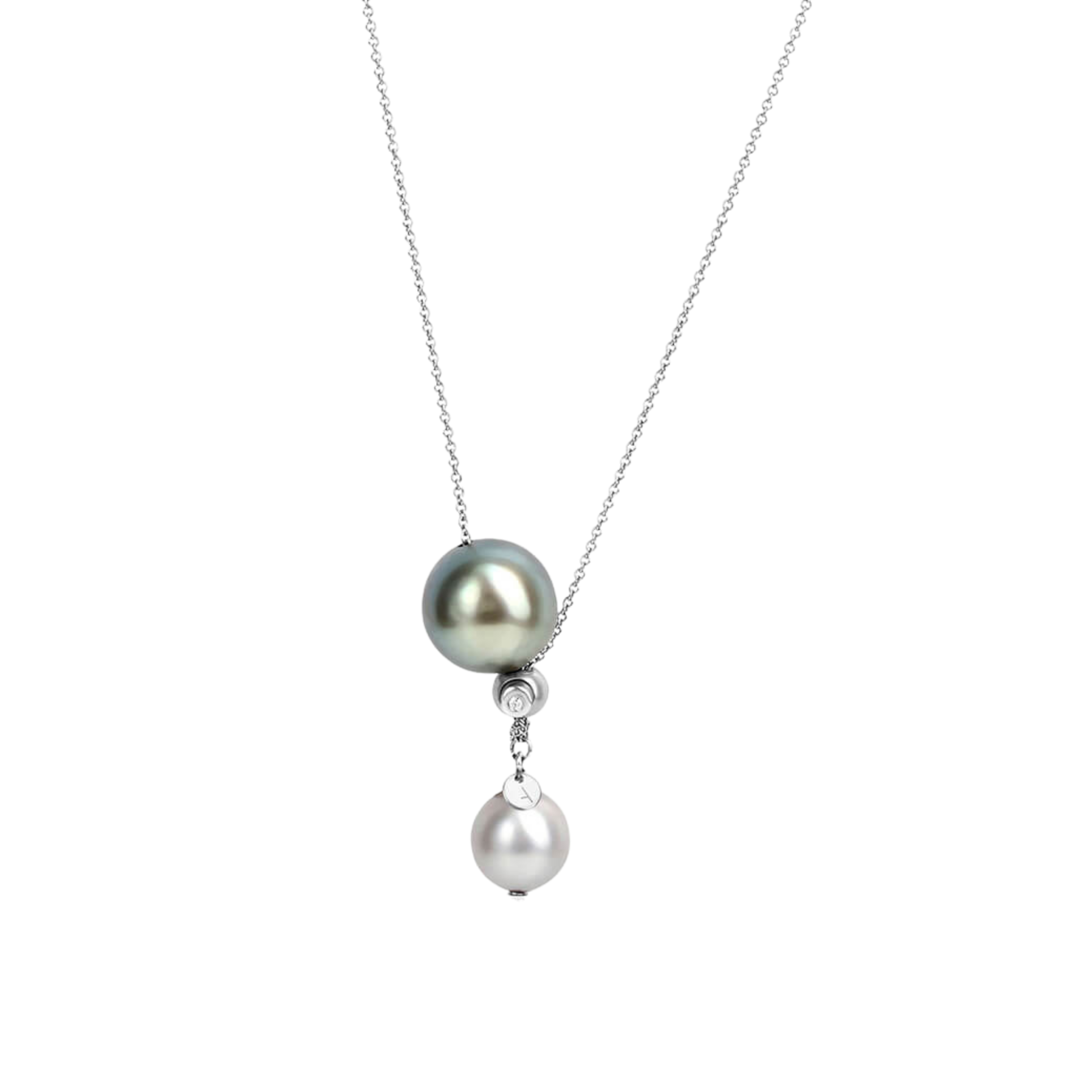 Variable WAVE Perlenkette aus Edelstahl mit zwei barocken Tahiti-Zuchtperlen und Brillant. Handgefertigt in der AUGENSTEIN Manufaktur.