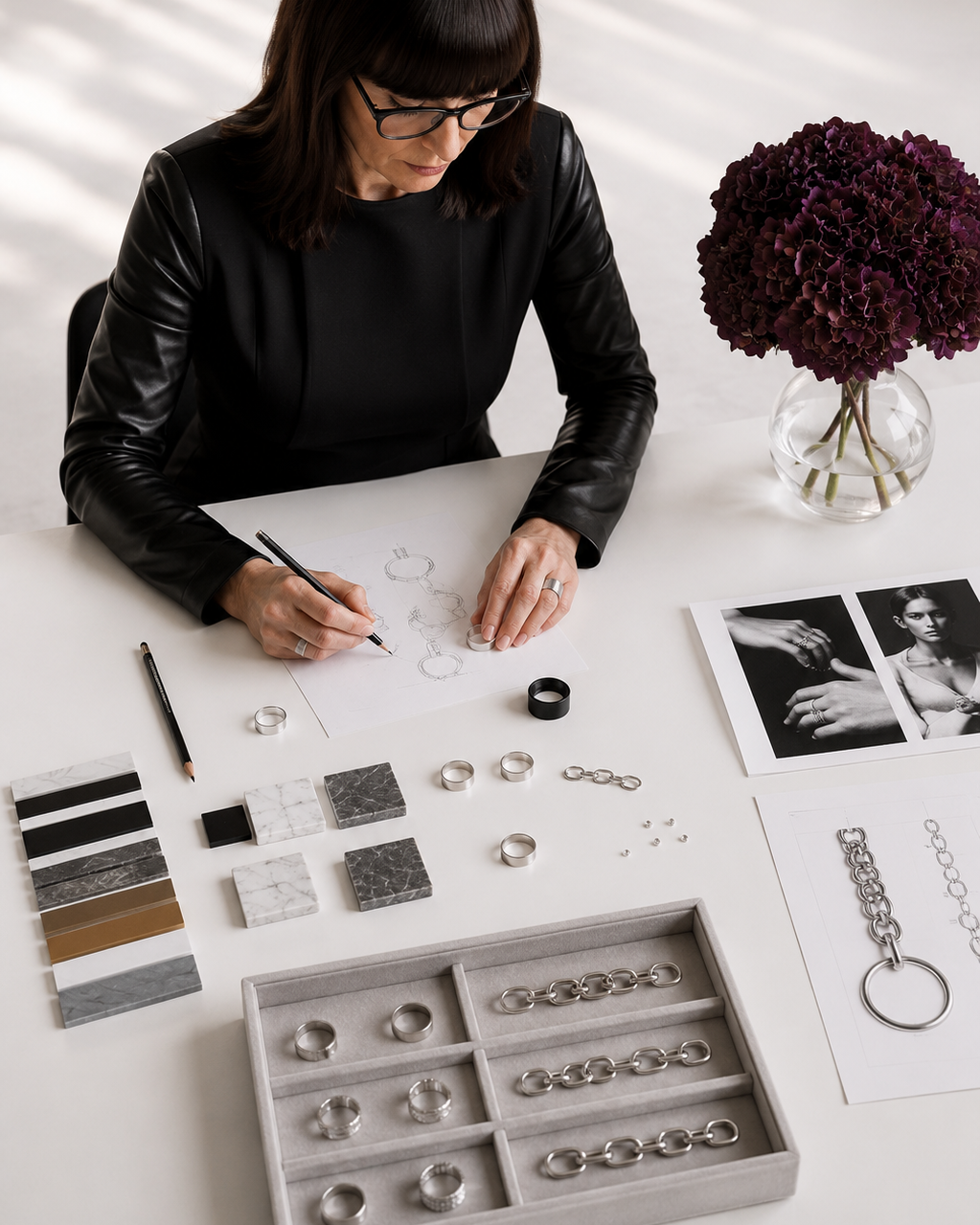 ATELIER BOUQUEROT unterstützt Marken, Juweliere und Schmuckunternehmen dabei, ihre Positionierung zu schärfen und Kollektionen strategisch weiterzuentwickeln. Sortimente und Marktumfelder werden analysiert, Potenziale herausgearbeitet und klare Konzepte für Markenprofil, Kollektionsstruktur und gestalterische Ausrichtung entwickelt. 