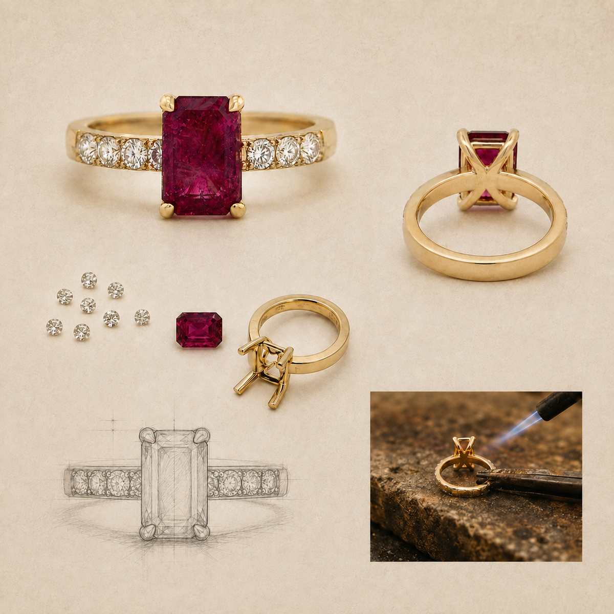 Handwerkliche Arbeit an der Werkbank bei der Schmuckherstellung, roter Schmuckstein Ring mit Diamanten